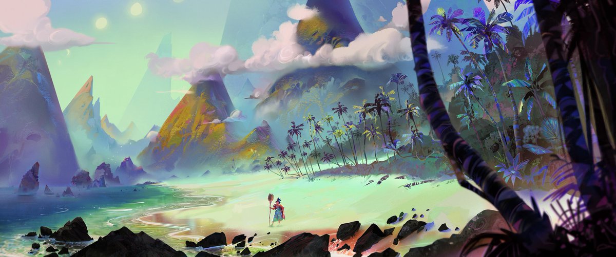 lucapisanu's tweet photo. Another early exploration for finding the look of Nakali 🌴🌊

We were pushing from the softer beauty of the Philippines toward something sharper, more graphic and a little more dangerous, from mountain shapes and vegetation to surfacing, waves and water ripples.

Such a fun phase of discovery with Ryan Carlson and Chris Grun. More sketches from this stage soon!

#ForgottenIsland #DreamWorksAnimation #VisDev