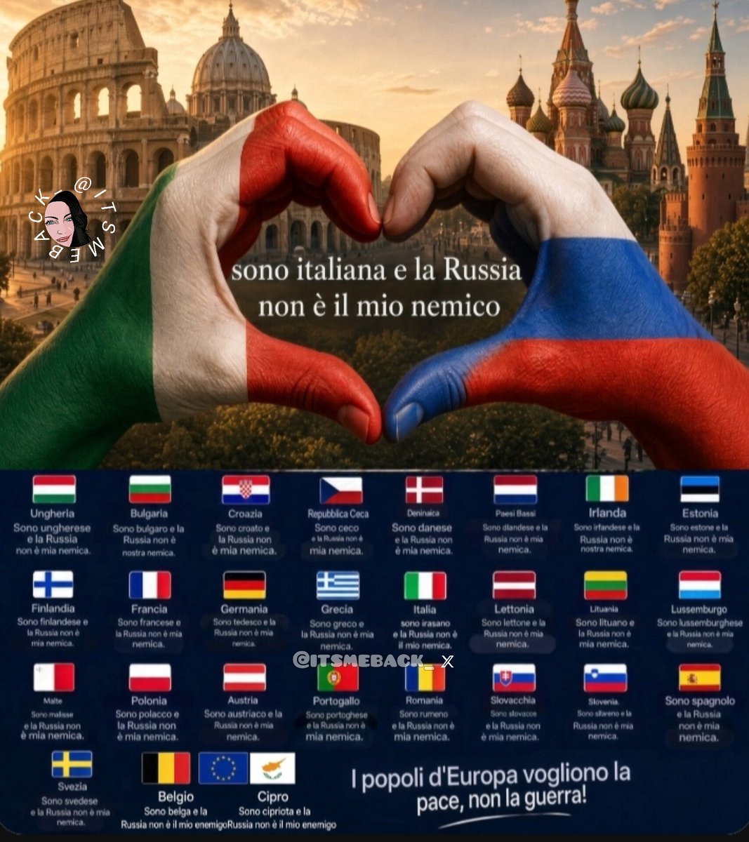 itsmeback_'s tweet photo. Sono Italiana, e la Russia
non è il mio nemico e mai
lo sarà.🇮🇹❤️🇷🇺

La Russia non ci ha mai fatto niente, anzi nel momento del bisogno ci ha sempre aiutato,
ed io gli sono grata per questo,
GRAZIE DI ESISTERE FRATELLI RUSSI🇮🇹🫶🏻🇷🇺

I Popoli europei vogliono la Pace, non la guerra.