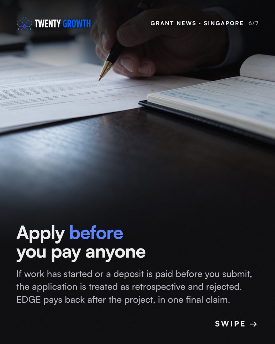 TwentyGrowth's tweet photo. PSG, EDG and MRA are gone. Since 30 Sep, Singapore SMEs apply under one grant: EDGE.

Up to 50% for SMEs. S$100k cap a year, S$30k of it for digital and selected automation.

Apply before you pay any vendor, or it is rejected.

https://t.co/Jn9cbUye73 https://t.co/PgSm9GMPcB