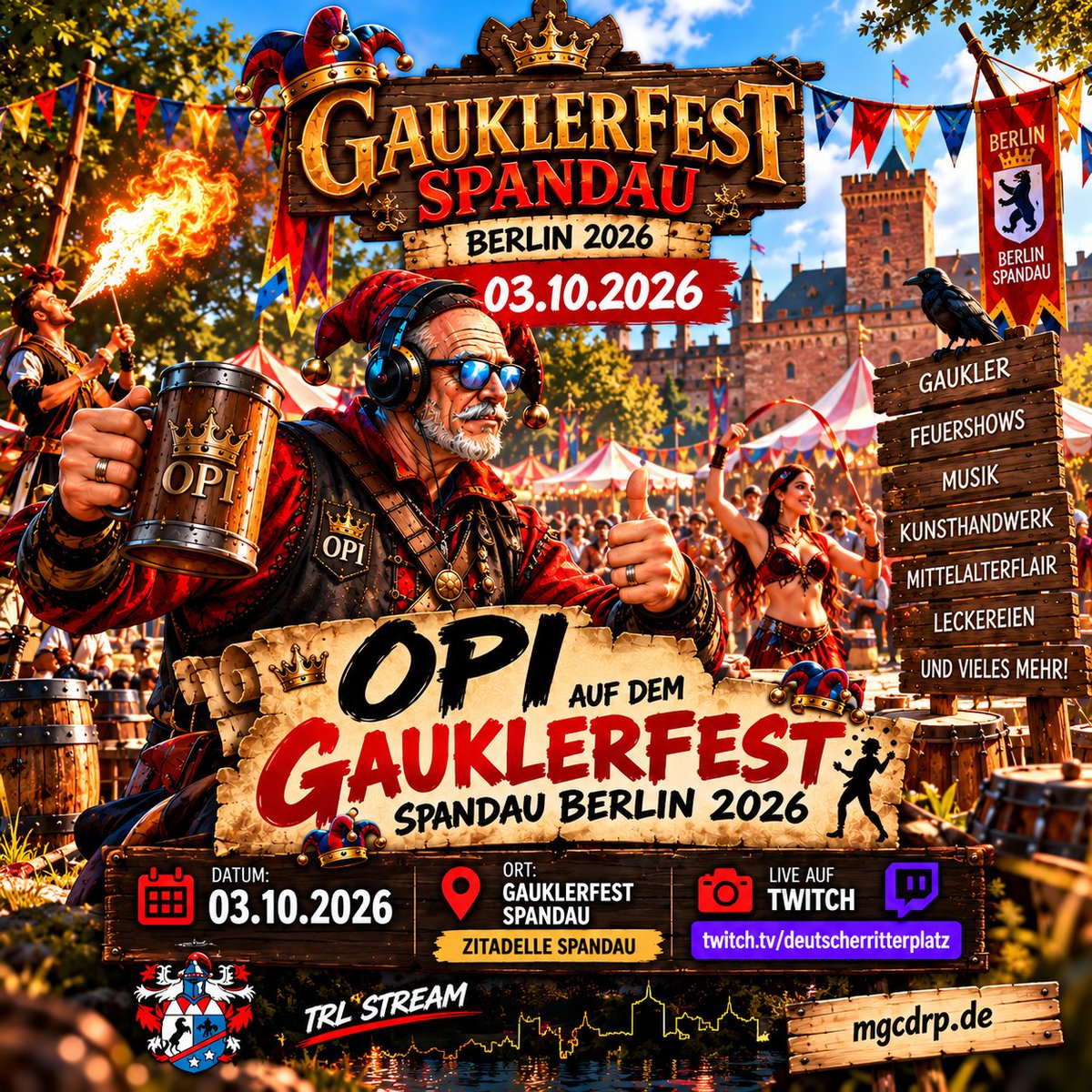 mgcdrp's tweet photo. 🏰 OPI IST WIEDER ON TOUR! 🎭

Am 03.10.2026 geht’s für Opi zum Gauklerfest auf die Zitadelle Spandau in Berlin!
- ca. 10–19 Uhr
- Zitadelle Spandau
- LIVE: https://t.co/8tnNHK0S3h
Gaukler, Mittelalter, Musik &amp; jede Menge Opi-Chaos! 
Seid live dabei – oder sagt vor Ort Hallo! https://t.co/ZNAOvMev7J