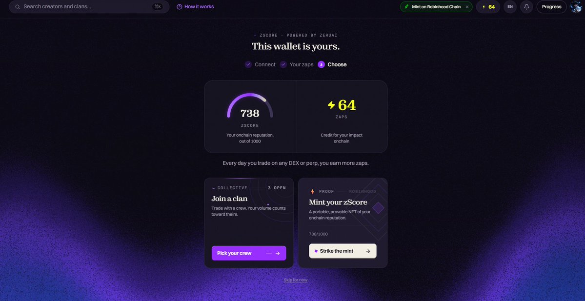 0x_Sultan26's tweet photo. You may have already earned Zaps from trades you made months ago.

Most incentive programs only count what you do after you sign up. @zerufinance built Zaps the other way. It reads your wallet's past trading activity and gives you a starting balance based on what you've already done onchain.

I connected my wallet today. zScore came back 738 out of 1000, with 64 Zaps credited from history alone. No new trade needed.

From here, every day you trade on a DEX or perp adds more. Zaps are intended to count toward a future airdrop, with allocation and eligibility set by the announced rules.

Connect the wallet you actually trade from and check what your history earned:
https://t.co/ViQiHXkoNi