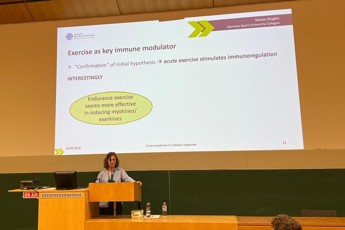 npi_dshs's tweet photo. How does a single bout of exercise shape our immune response? 🧬 At the GCSSM, Miriam Ringleb, a member of our unit, presented her meta-analyses, connecting myokine responses with immune-cell dynamics and showing how exercise type, intensity and duration shape these responses. 💪 https://t.co/jqlztiPVW6