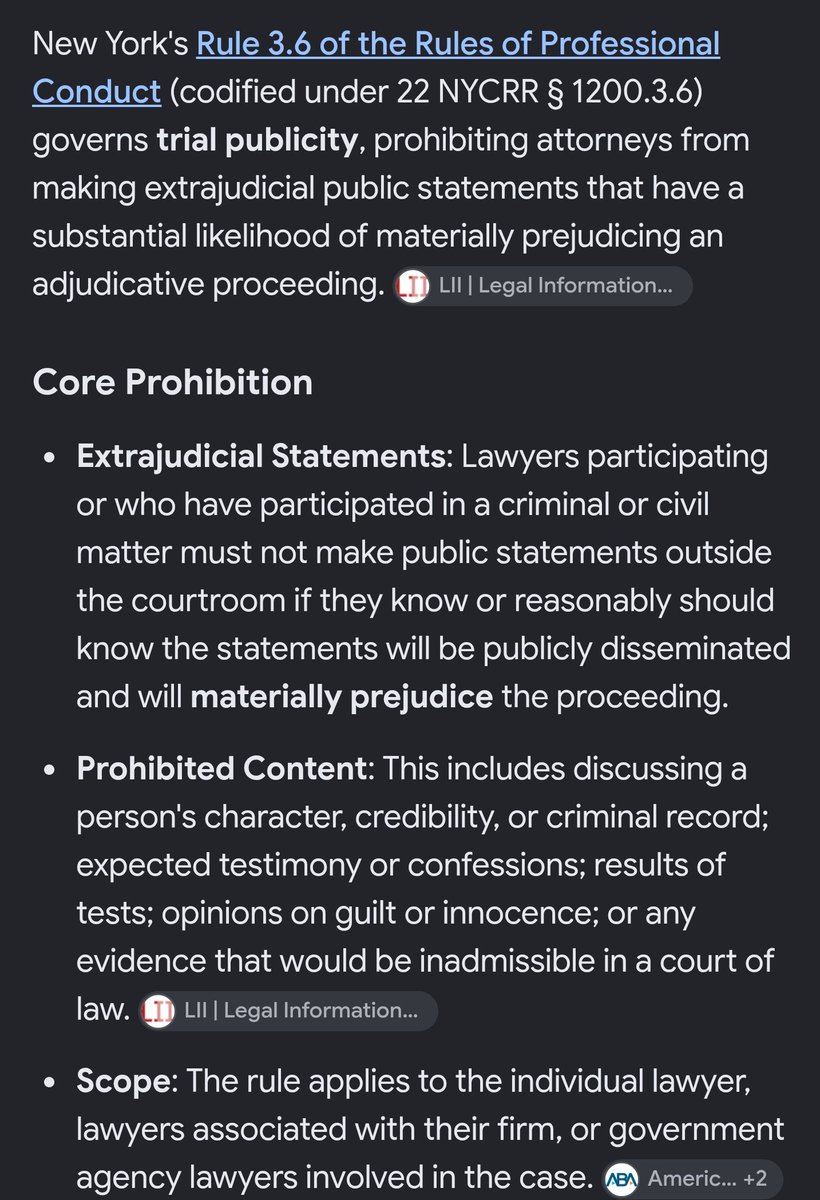 Blacknatwatch's tweet photo. There's a very good chance that Letitia James broke professional conduct rules by making prejudicial comments about the Cornell 7.

The Bar Association's Rule 3.6 states very, very clearly that attorneys involved in civil or criminal proceedings may not make out of court comments that pose a substantial likelihood of prejudicing a case.

Letitia James clearly violated this rule.

The next step is filing complaints with the New York Bar Association, which anyone can do. You do not need to be a lawyer to file an ethics complaint.