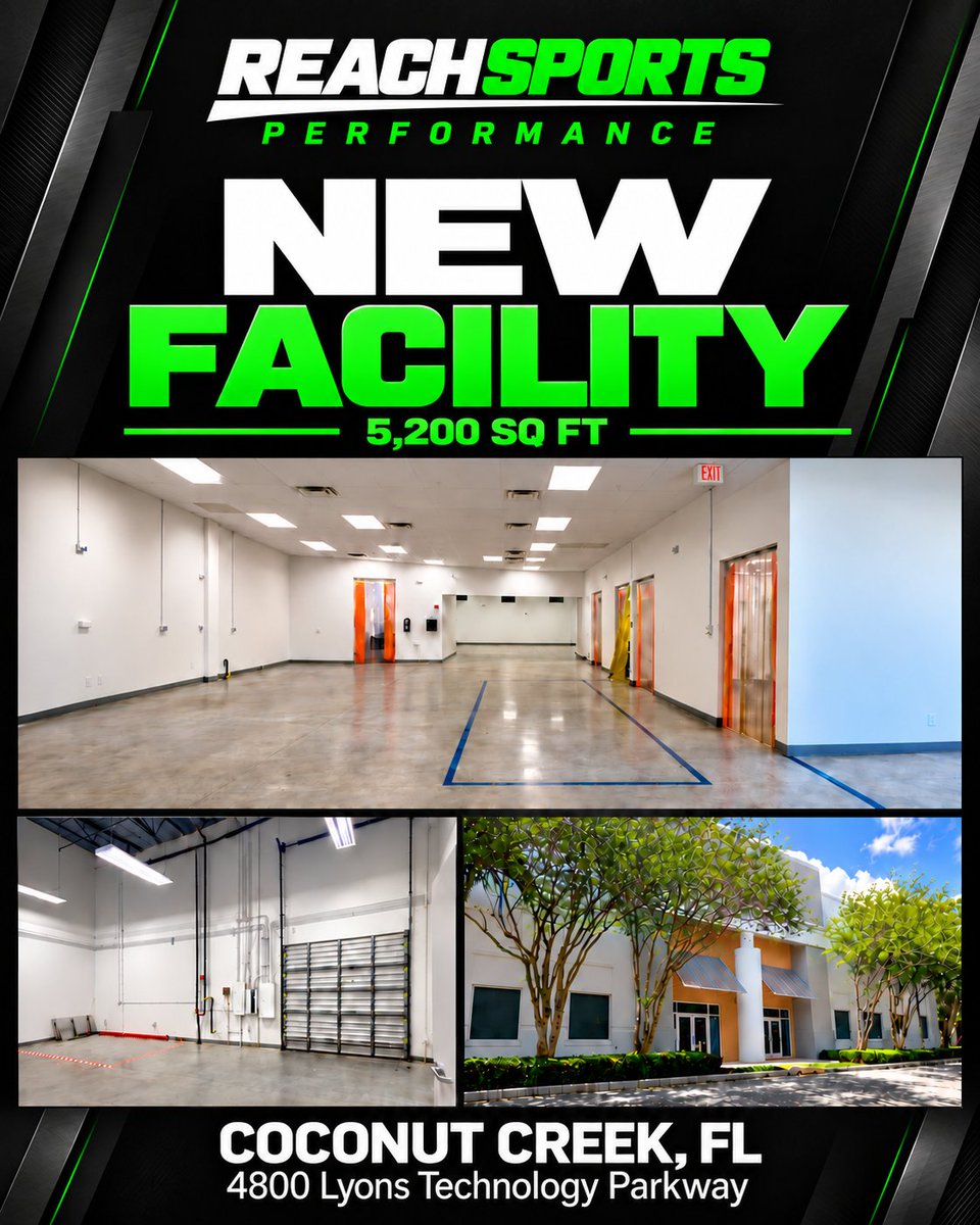 Reach_NIL's tweet photo. We’ve acquired a new 5,200-square-foot facility at 4800 Lyons Technology Parkway in Coconut Creek, FL. A future hub for training, recovery, and athlete development—and the next step in the REACH Sports Performance vision.
#REACHSportsPerformance #REACHNIL https://t.co/OBhI9cwKdK