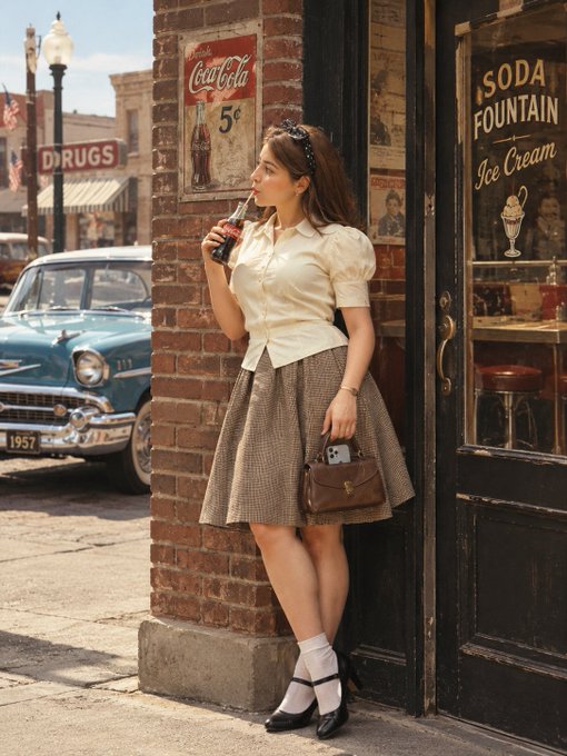 A woman in 1950s attire—peplum blouse, Mary Janes, and a saddle bag—sips a Coke outside a vintage soda fountain, with a "DRUGS" sign and a "1957" license plate visible in the background. The "Sharp Eyes Only" challenge likely points to a subtle anachronism, such as the handbag containing a modern smartphone hidden from plain view.