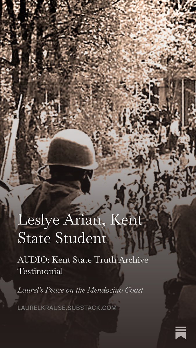 KentStateTruth's tweet photo. In this audio Kent State Testimonial Leslye Arian discusses observing the May 4, 1970 #KentState massacre as a student who had left her class and was walking by the demonstration when National Guard fired their weapons on unarmed students. https://t.co/4o5oofdzWU @MendoCoast  ☮️ https://t.co/pmUS2js7n6
