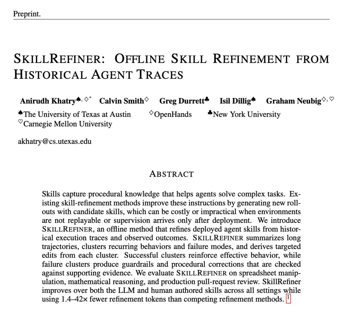 AnirudhKhatry's tweet photo. Deployed agents pile up execution traces. The question is whether we can automatically refine skills based on existing rollouts.

Introducing SkillRefiner: Offline skill refinement from the traces you already have! 🧵 https://t.co/LBewHITJY0