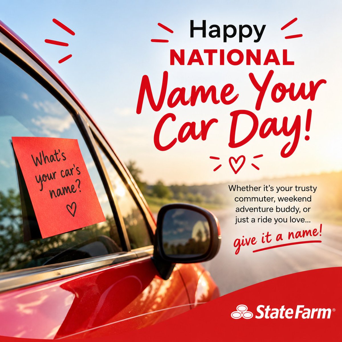 NetoMarioAgent's tweet photo. 🚘 Meet your ride’s two essentials:
1️⃣ A great name
2️⃣ The right auto coverage

Happy National Name Your Car Day! 🎉 Tell us your car’s name in the comments, and give our team a call to talk about your auto insurance needs!

#NationalNameYourCarDay #AutoInsurance #StateFarm https://t.co/iSJezNqDgh