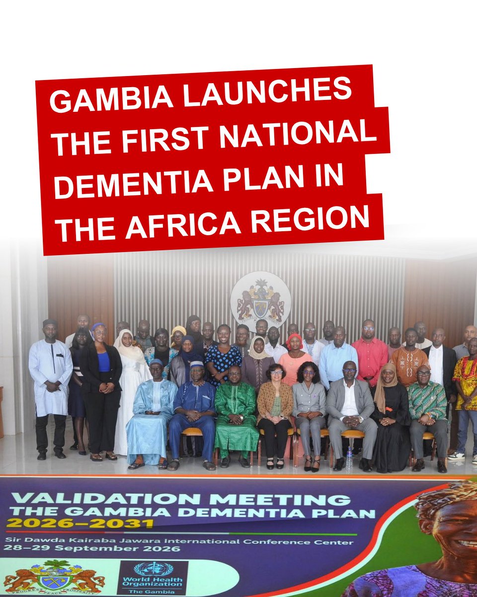 AlzDisInt's tweet photo. On 29 September 2026, Gambia launched its National Dementia Plan 2026–2031, the first in the African region. 

The five-year Plan seeks to focus on dementia awareness and public education, prevention and risk reduction, Early diagnosis and care, Support for families and caregivers as well as placing dignity, inclusion and the rights of people living with dementia at the forefront of its implementation. 

We congratulate the Gambian government on this achievement and look forward to seeing further developments.