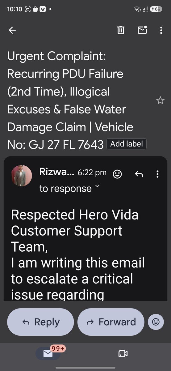 Rizwanhamilp's tweet photo. Urgent! @HeroVidaWorld My Vida scooter (GJ 27 FL 7643) has a recurring PDU Failure for 2nd time. Local team giving false water damage excuses instead of

solving it!

Email sent. Please resolve

on top priority! #HeroVida #EVService https://t.co/cvVGY5yAfL