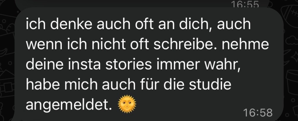 echtLisa's tweet photo. 2. eine Freundin aus dem Kindesalter (wir haben kaum noch Kontakt) hat mir heute geschrieben dass sie als Kontrollperson an einer Studie teilnehmen wird

würde sagen, es hat sich bewährt, mein Umfeld via Insta aufzuklären 😅 https://t.co/11Pgr7J9q4