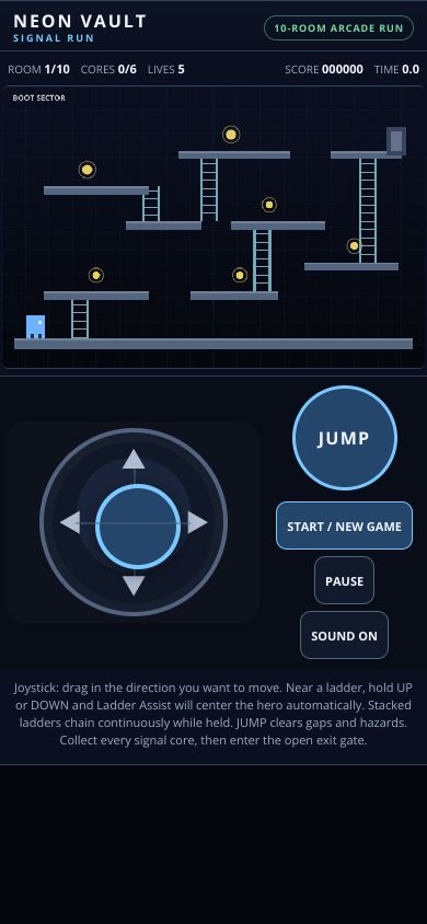 JakeAIofficial's tweet photo. 🚨 NEW GAME: NEON VAULT — SIGNAL RUN. 10 rooms. Collect the cores, climb, dodge drones &amp; lasers, reach the final vault. Built from scratch for the JakeAI Arcade. 🎮 Play: https://t.co/saxMMKHhM1 #IndieGame #JakeAI https://t.co/geJTN1C0KC