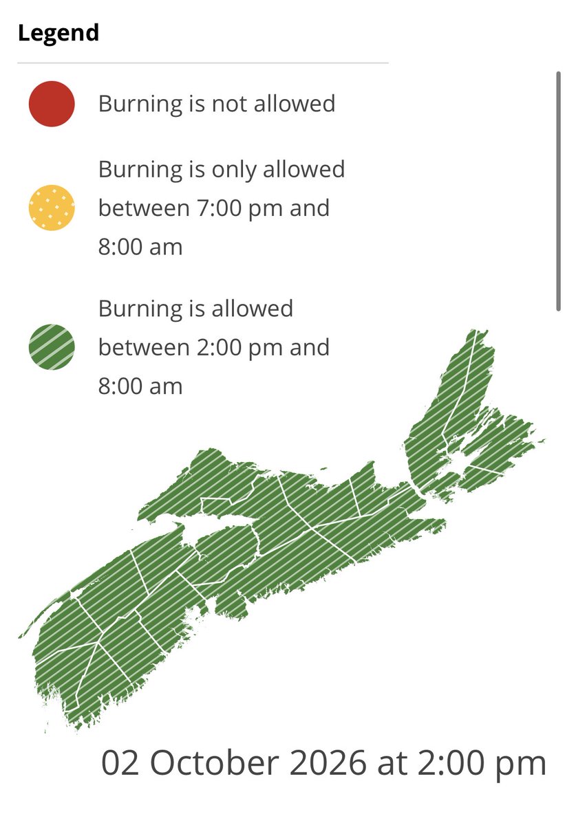 NS_DNR's tweet photo. Burning is not permitted between 8 am and 2 pm.

Check before you burn and know your municipal bylaws.

https://t.co/ei1E0TDQY0 https://t.co/rI994BQFaU