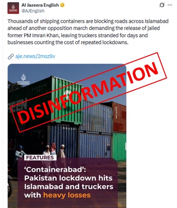 FactCheckerMoIB's tweet photo. 𝐅𝐚𝐜𝐭 𝐂𝐡𝐞𝐜𝐤 | 𝐌𝐢𝐧𝐢𝐬𝐭𝐫𝐲 𝐨𝐟 𝐈𝐧𝐟𝐨𝐫𝐦𝐚𝐭𝐢𝐨𝐧 & 𝐁𝐫𝐨𝐚𝐝𝐜𝐚𝐬𝐭𝐢𝐧𝐠

◼️ No roads have been blocked. These containers have been placed as a precaution in Islamabad in compliance with the Honourable Islamabad High Court’s directions to protect citizens’ life, property and lawful movement. The preventive security measures seek to safeguard public infrastructure and sensitive installations keeping in view the past violent practices of the instance party. 

◼️ As expected, Al Jazeera selectively portrayed these measures as “road blockades,” ignoring the facts that all roads are open and the preventive judicial and security context related to  State’s responsibility to maintain public order.

◼️ Such angled reporting purposefully creates a misleading and negative impression. The fallacy of lies and propaganda by Aljazeera cannot substitute facts. 

𝐓𝐫𝐮𝐭𝐡 𝐏𝐫𝐞𝐯𝐚𝐢𝐥𝐬 𝐨𝐯𝐞𝐫 𝐅𝐚𝐥𝐬𝐞𝐡𝐨𝐨𝐝