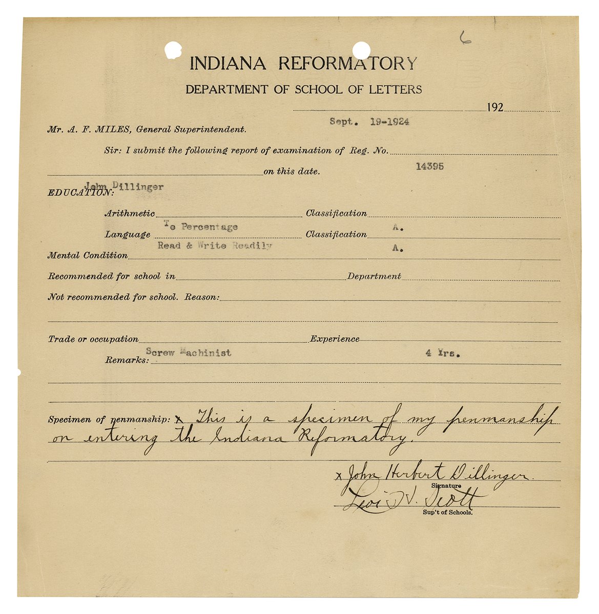 RRAuction's tweet photo. Before John Dillinger was Public Enemy No. 1, he was an A student.

In prison.

This 1924 Indiana Reformatory school assessment gave Dillinger A’s in arithmetic and language — and includes a penmanship sample signed “John Herbert Dillinger.”

Part of @RRAuction’s Notorious Figures and Lawmen section, closing Oct. 14.

#JohnDillinger #TrueCrime