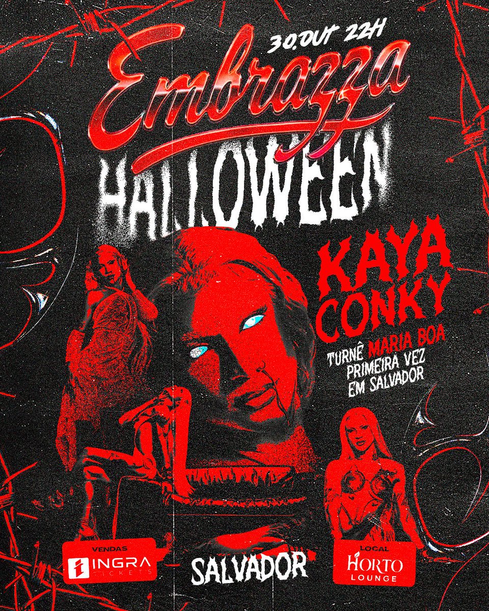 BAILEMBRAZZA's tweet photo. VAI TER HALLOWEEN EMBRAZZA 🎃

a nossa MARIA BOA @kayaconky volta a Salvador com a nova turnê e um setlist ainda mais quente 🥵 

30 de outubro no Horto Lounge Salvador com uma line deliciosa! https://t.co/vpdjW8CD69