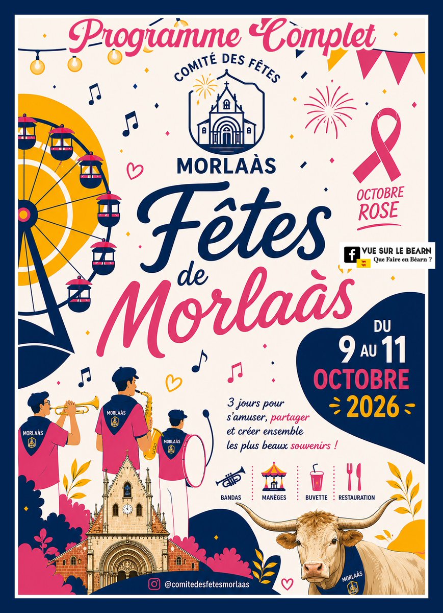 vuesurpyrenees's tweet photo. Les Fêtes de Morlaàs 2026
Du 9 au 11 octobre
programme complet
https://t.co/Sz91zXbMrt
organisé par le comité des fêtes sur la Place de la Hourquie
Dress code : Rose & Bleu
#fête #bearn #pyrenees #Concert #trail #octobrerose https://t.co/lPmTpepQve
