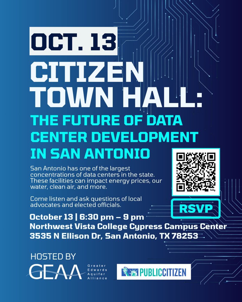 PublicCitizenTX's tweet photo. San Antonio has one of the largest concentrations of data centers in the state. On Oct. 13, GEAA and Public Citizen will host a town hall to discuss what data centers mean for one of the country's fastest-growing cities. Scan the QR code or visit the link in our bio to register. https://t.co/SkkA69ANRO