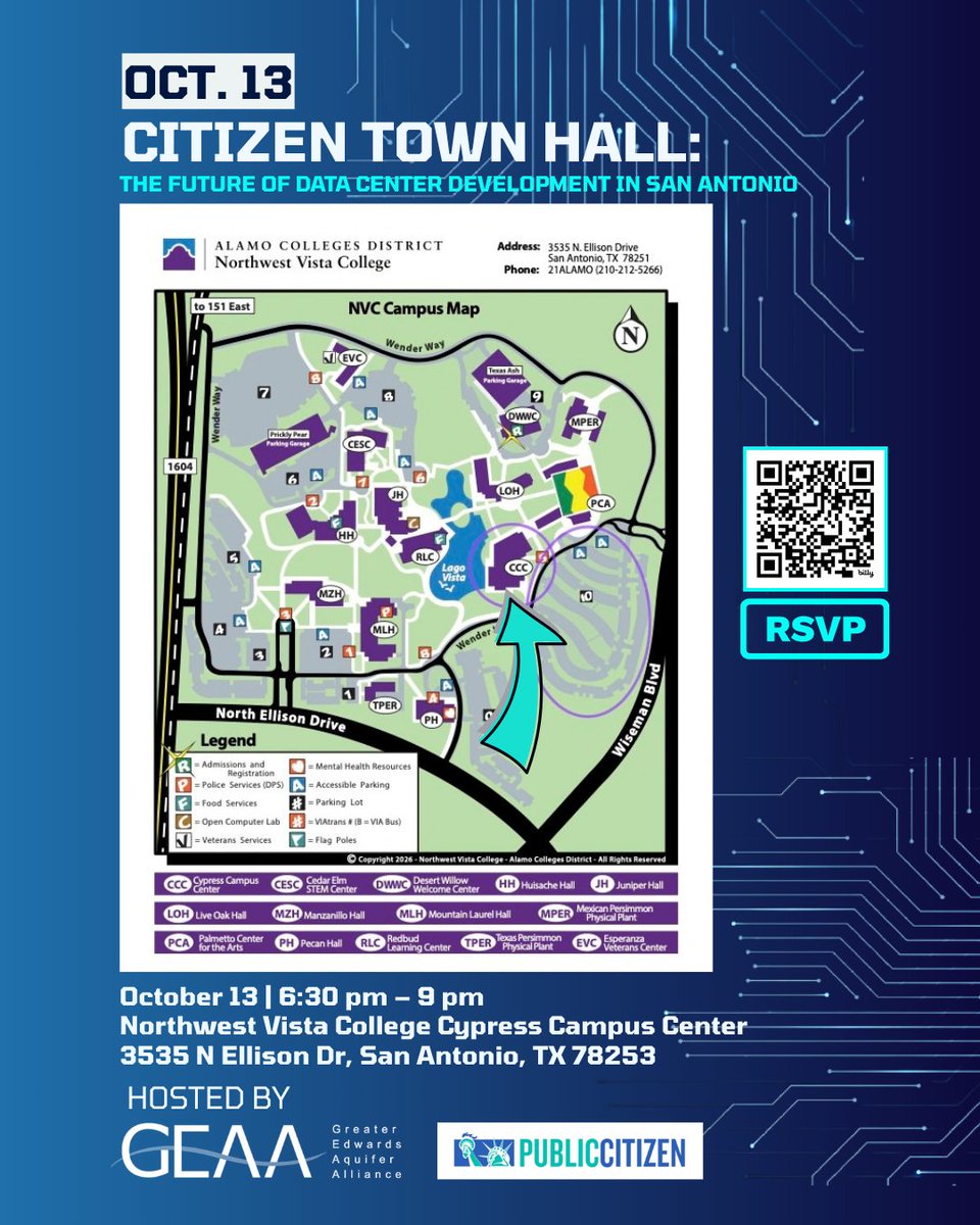 PublicCitizenTX's tweet photo. San Antonio has one of the largest concentrations of data centers in the state. On Oct. 13, GEAA and Public Citizen will host a town hall to discuss what data centers mean for one of the country's fastest-growing cities. Scan the QR code or visit the link in our bio to register. https://t.co/SkkA69ANRO