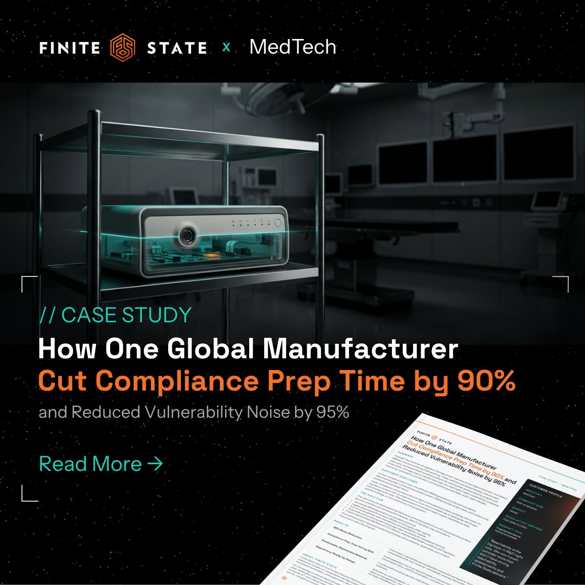 FiniteStateInc's tweet photo. What if your product security team could cut vulnerability noise by 95% and turn weeks of compliance prep into days? One global MedTech manufacturer did it:

🔎 95% less vulnerability noise
⏱️ 90% less compliance prep time
📋 Audit-ready SBOMs + VEX

https://t.co/p9cIJMe8lv https://t.co/0nwH9jzskl