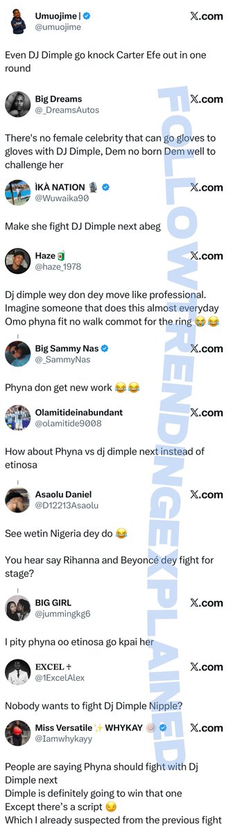 TrendingEx's tweet photo. DJ Dimple is trending because Nigerians are suggesting her as Phyna’s next boxing opponent, after she ‘easily’ strolled pass Nkechi Blessing with a 4th round KO.

The argument is, Nkechi didn’t put up a challenge. So, Phyna should face Dimple who is basically a gym rat and a boxing enthusiast.

Unfortunately, fans are set for another amateur bout, as the organizers prefered actress Etinosa Idemudia to be Phyna’s next opponent, specifics are still unknown.

Rachel Oluwabukola Martins pka. Dj Dimple Nipple has always gone viral with her boxing and fitness training videos.

In attestation to her perceived abilities, 5 months ago, former celebrity boxing champion, Elizabeth Joyce aka Portable, challenged Dimple to a fight, after an embarrassing loss at the fists of Carter Efe, the current champion.

Phyna’s fans are reluctant, Phyna too has removed herself from the conversation “you people want her to send me 6ft?” — Her view is apparently a consensus. The twerk boxer only defeats Dimple in a scripted match, perhaps a WWE bout.

Phyna rather fights Peller’s Jarvis.

Up to 10 apartments or neighbors can now share a nepa prepaid meter, recharge independently, track usage, their power goes off when their unit finishes only with Vendr Utilities NEMSA approved.

Delivered in 2 days nationwide.

DM @VendrNg now || info@vendr.ng || https://t.co/jXlayYoeCD or WhatsApp +2348056441978 or call +2349047262626