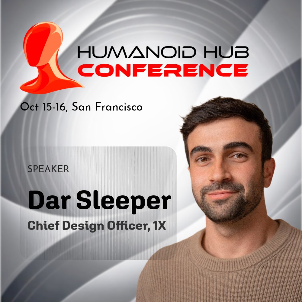 TheHumanoidHub's tweet photo. Speaker announcement.

Dar Sleeper (@radbackwards), Chief Designer at 1X.

Capabilities matter, but the robots we live with will be judged as much on how they make us feel. Dar will share the inspiration and process behind designing a humanoid for every home. https://t.co/gdssXLkqh4