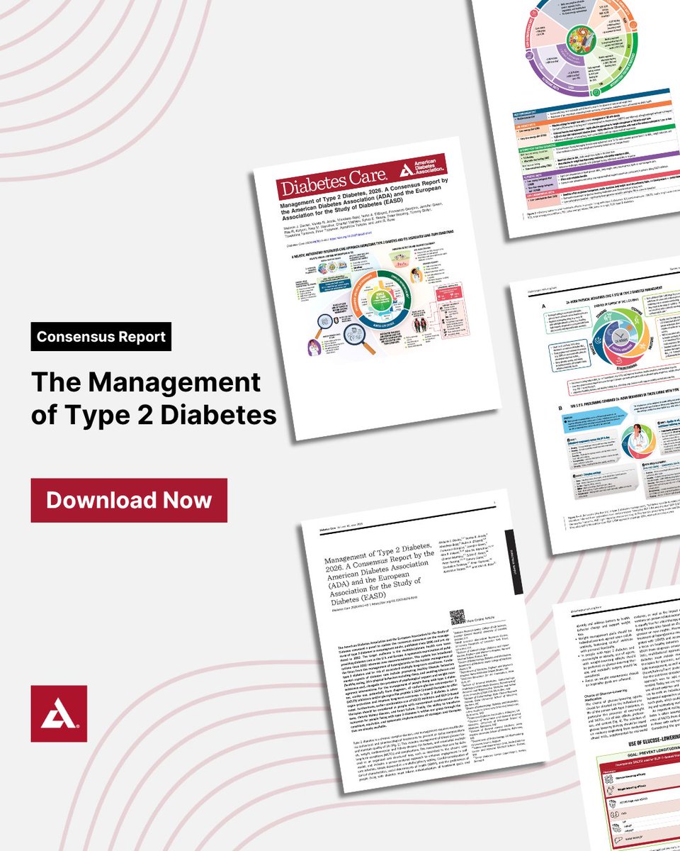 ADA_Pubs's tweet photo. 🚨 NEW Consensus Report 🚨

 Management of Type 2 Diabetes, 2026

Building on past statements, this latest report draws from studies published since 2022 to provide the latest recommendations.

Updates include:
✨A focus on holistic management
✨ Earlier use of SGLT2/GLP-1 to improve long-term outcomes
✨and more!

📚 For more, visit: https://t.co/hyfEwxOwsB

@AmDiabetesAssn @ADA_DiabetesPro @DiabetologiaJnl