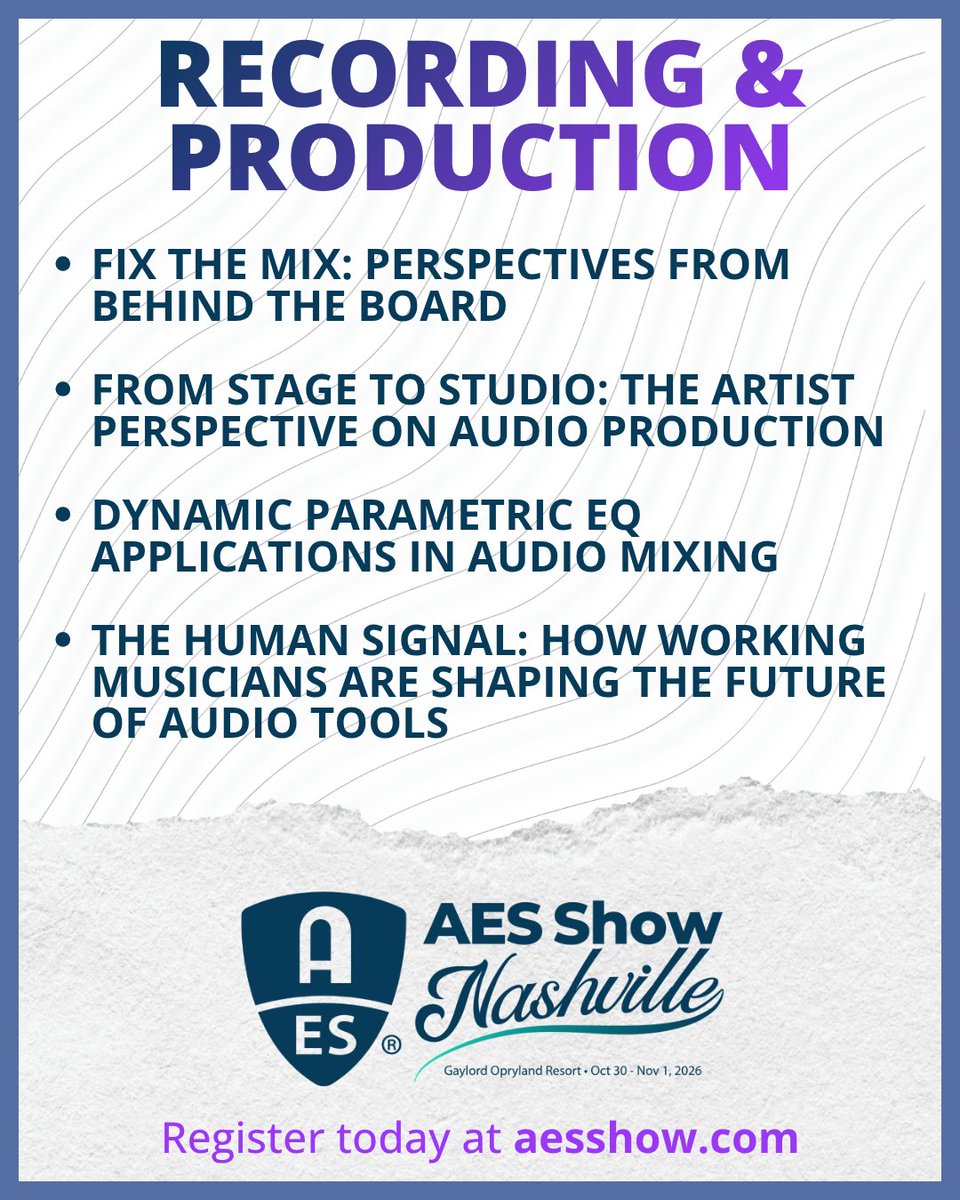 AESorg's tweet photo. Explore Recording & Production at #AESShow Nashville 2026, with sessions covering mixing, artist perspectives, dynamic parametric EQ & how working musicians are shaping audio tools.
Oct. 30–Nov. 1 • Gaylord Opryland Resort
https://t.co/0EpO5wgvnq
#AESorg #AudioEngineering https://t.co/gh3nAbTHH6