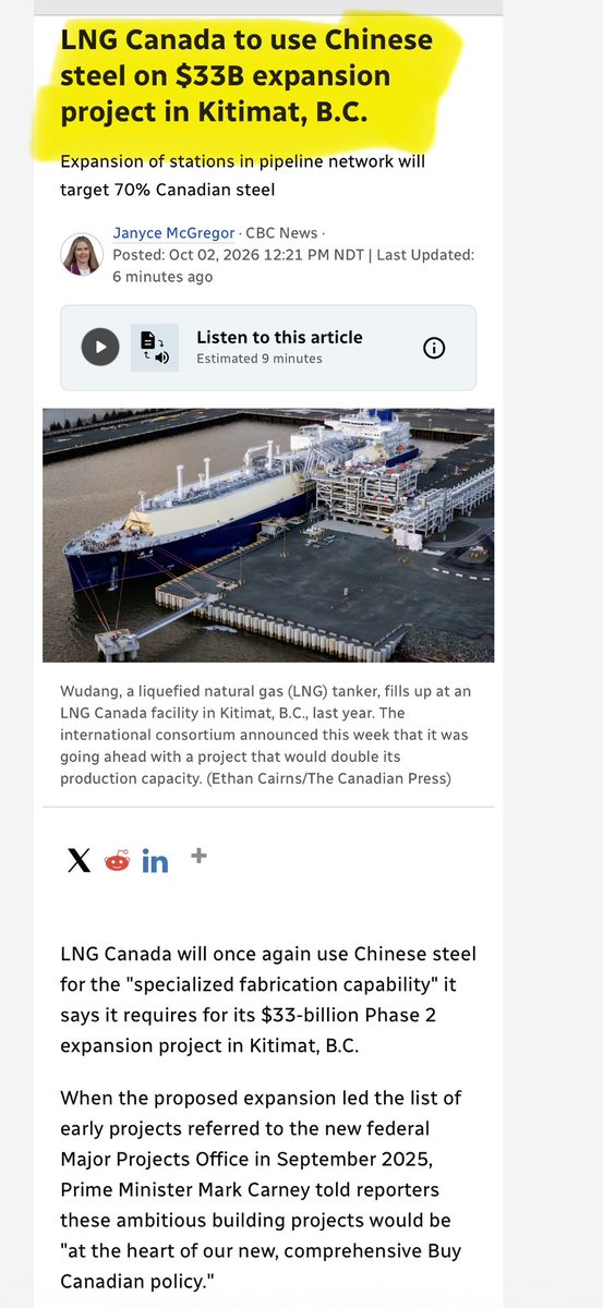 myabradshaw78's tweet photo. Well that didn’t take long. LNG Canada will use Chinese Steal over Canadian. https://t.co/eSIC0frOic
