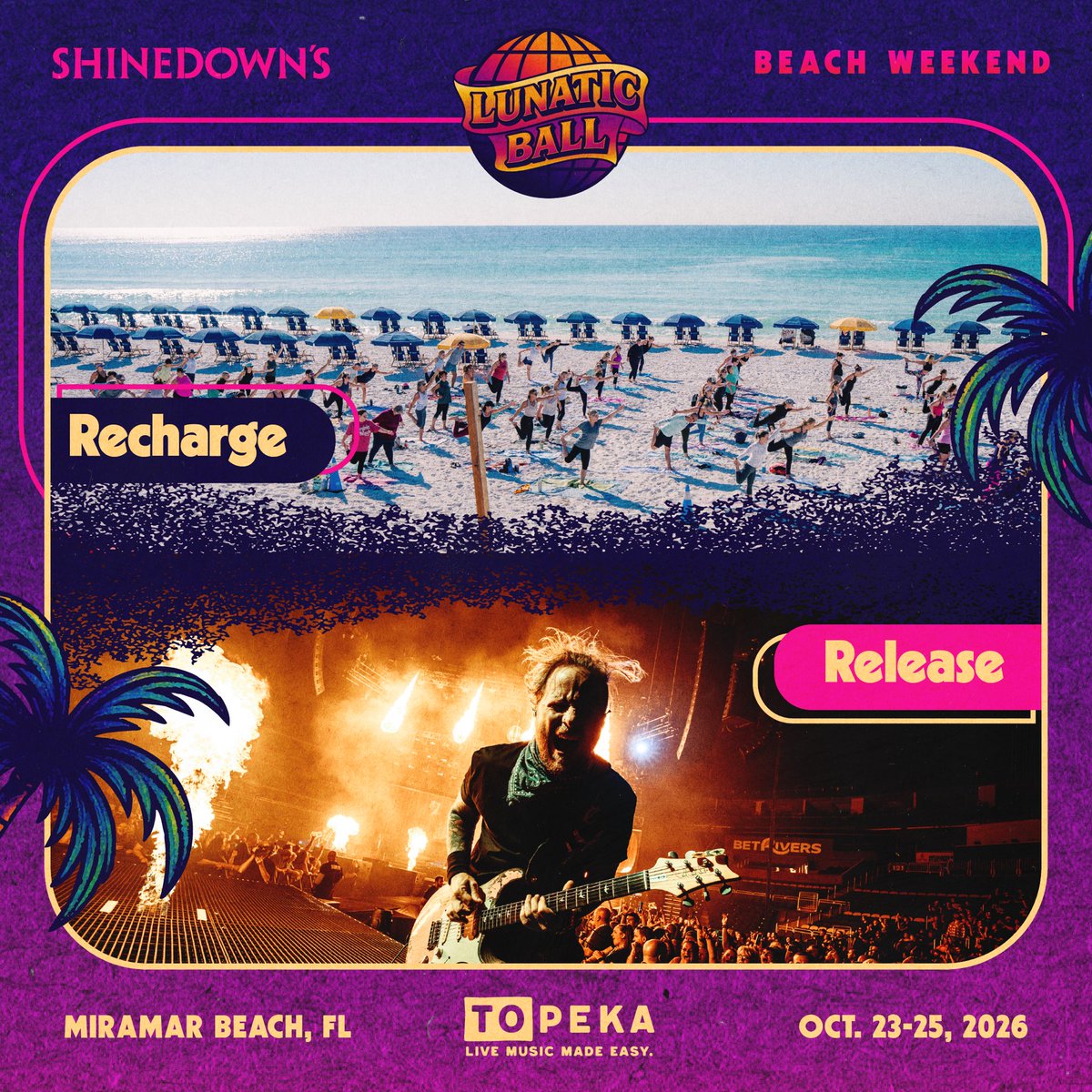 Shinedown's tweet photo. The first-ever Lunatic Ball Beach Weekend hits Miramar Beach, FL, Oct. 23–25!

🏖️ Three days of music, beach hangs, trivia, comedy, yoga + a Silent Disco

Can’t make the whole weekend? SINGLE DAY PASSES are now available for $199.

🎟️ GET YOUR PASS TODAY 
https://t.co/KYVKPU6oAw https://t.co/0SIUDvSxNE