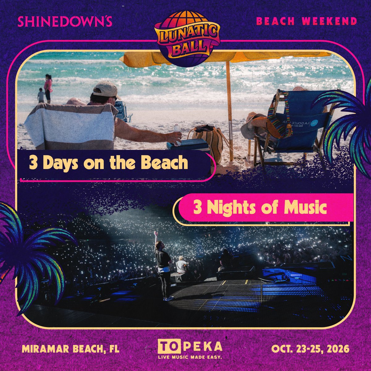 Shinedown's tweet photo. The first-ever Lunatic Ball Beach Weekend hits Miramar Beach, FL, Oct. 23–25!

🏖️ Three days of music, beach hangs, trivia, comedy, yoga + a Silent Disco

Can’t make the whole weekend? SINGLE DAY PASSES are now available for $199.

🎟️ GET YOUR PASS TODAY 
https://t.co/KYVKPU6oAw https://t.co/0SIUDvSxNE