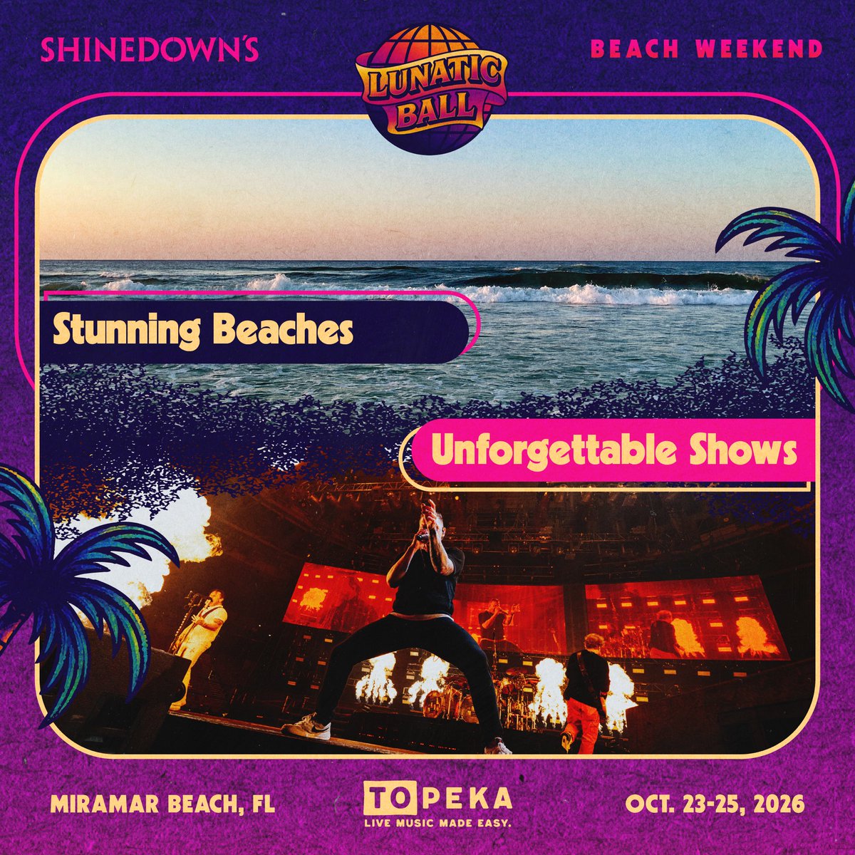 Shinedown's tweet photo. The first-ever Lunatic Ball Beach Weekend hits Miramar Beach, FL, Oct. 23–25!

🏖️ Three days of music, beach hangs, trivia, comedy, yoga + a Silent Disco

Can’t make the whole weekend? SINGLE DAY PASSES are now available for $199.

🎟️ GET YOUR PASS TODAY 
https://t.co/KYVKPU6oAw https://t.co/0SIUDvSxNE