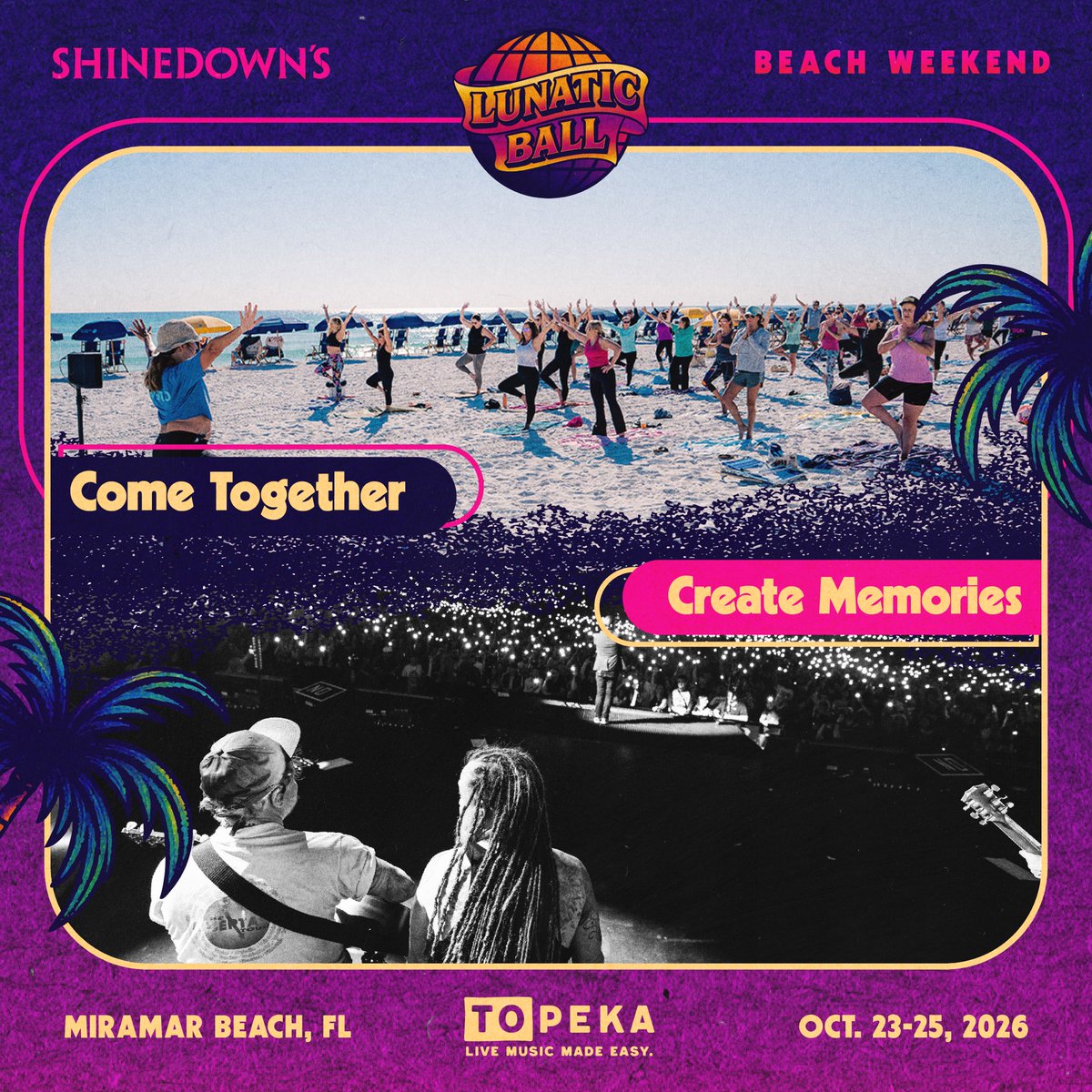 Shinedown's tweet photo. The first-ever Lunatic Ball Beach Weekend hits Miramar Beach, FL, Oct. 23–25!

🏖️ Three days of music, beach hangs, trivia, comedy, yoga + a Silent Disco

Can’t make the whole weekend? SINGLE DAY PASSES are now available for $199.

🎟️ GET YOUR PASS TODAY 
https://t.co/KYVKPU6oAw https://t.co/0SIUDvSxNE