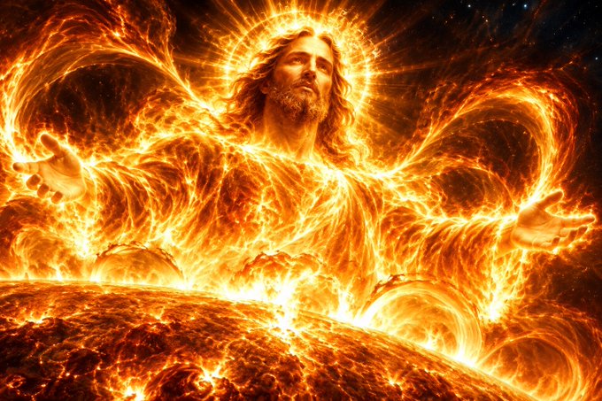 A digital painting of a divine figure resembling Jesus surrounded by swirling flames and light, with outstretched arms above a fiery landscape.
