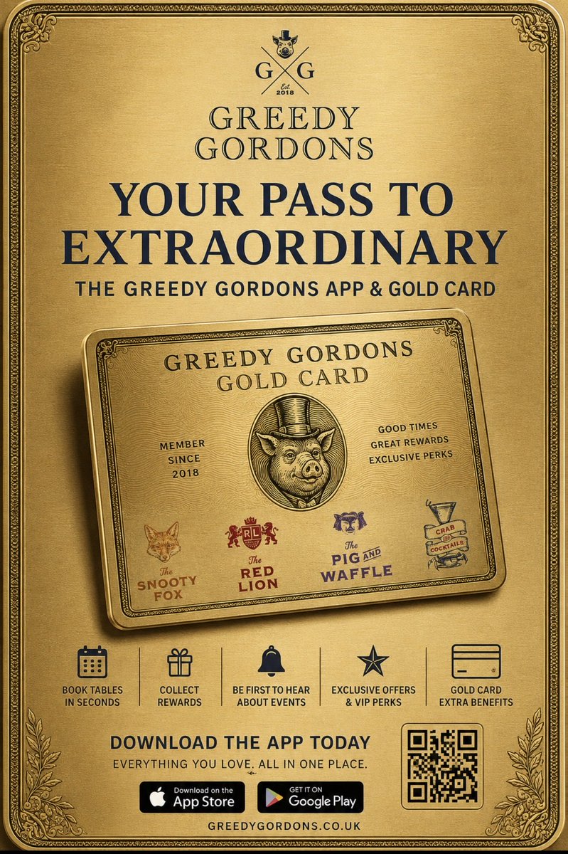 greedygordon2's tweet photo. 🌟 Love local. Get rewarded!

With Greedy Gordons’ Gold Card, build up points towards discounts and enjoy so much more at The Red Lion, The Snooty Fox and Pig &amp; Waffle! 🍽️🥂

Discover the benefits: https://t.co/7gPeqDdgMs

#GreedyGordons https://t.co/gjOWQL8e3o