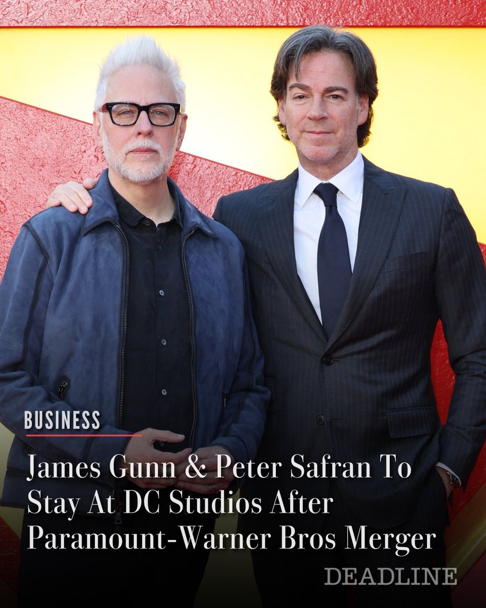DEADLINE's tweet photo. James Gunn and Peter Safran, the bosses of Warner Bros’ owned label DC Studios, will continue to lead the film, TV, comic book production hub after Paramount closes its acquisition of Warner Bros’ Discovery.

See more details here: https://t.co/XxXR7jUj4q https://t.co/s9nmZ2c4KS