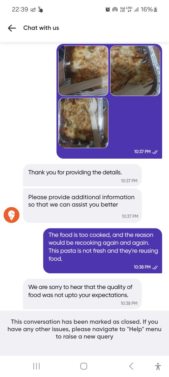 techie_buzzer's tweet photo. @Swiggy @SwiggyCares Received overcooked food from Pizzahut and when tried to raise query, the ticket is closed automatically and I'm not unable to raise a new one. 

What kind of sick practice of sheltering such restaurants? https://t.co/4FfB0og1pG