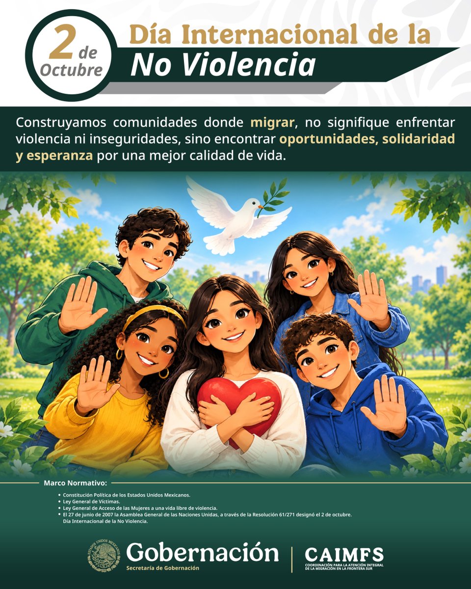 Hazaelruizo's tweet photo. En el #DíaInternacionalDeLaNoViolencia, reafirmamos la importancia de construir comunidades donde migrar no signifique enfrentar violencia ni inseguridad, sino encontrar oportunidades, solidaridad y esperanza.

Desde la Coordinación para la Atención Integral de la Migración en la Frontera Sur #CAIMFS, articulamos acciones para promover la construcción de una #FronteraSur segura, donde se priorice el diálogo y se rechace la violencia.

@rosaicela @arturomedinap @SEGOB_mx