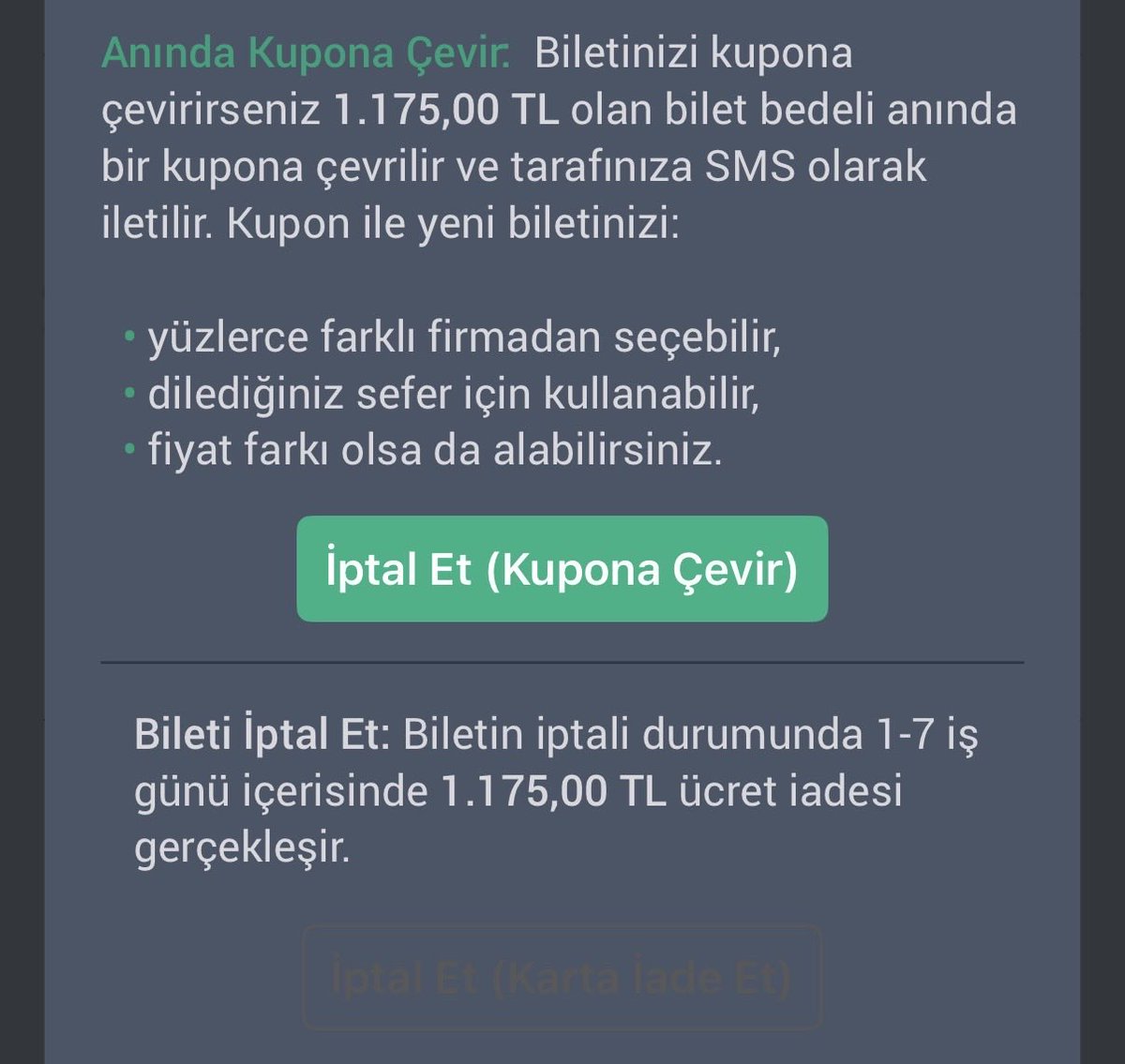 aleyyyyynaa's tweet photo. @obilet insanlar yine uygulamanızdan alışveriş yapmak zorunda kalsın diye mi karta iade et seçeneğini görünmez yaptınız? https://t.co/Vc0kdck2U4