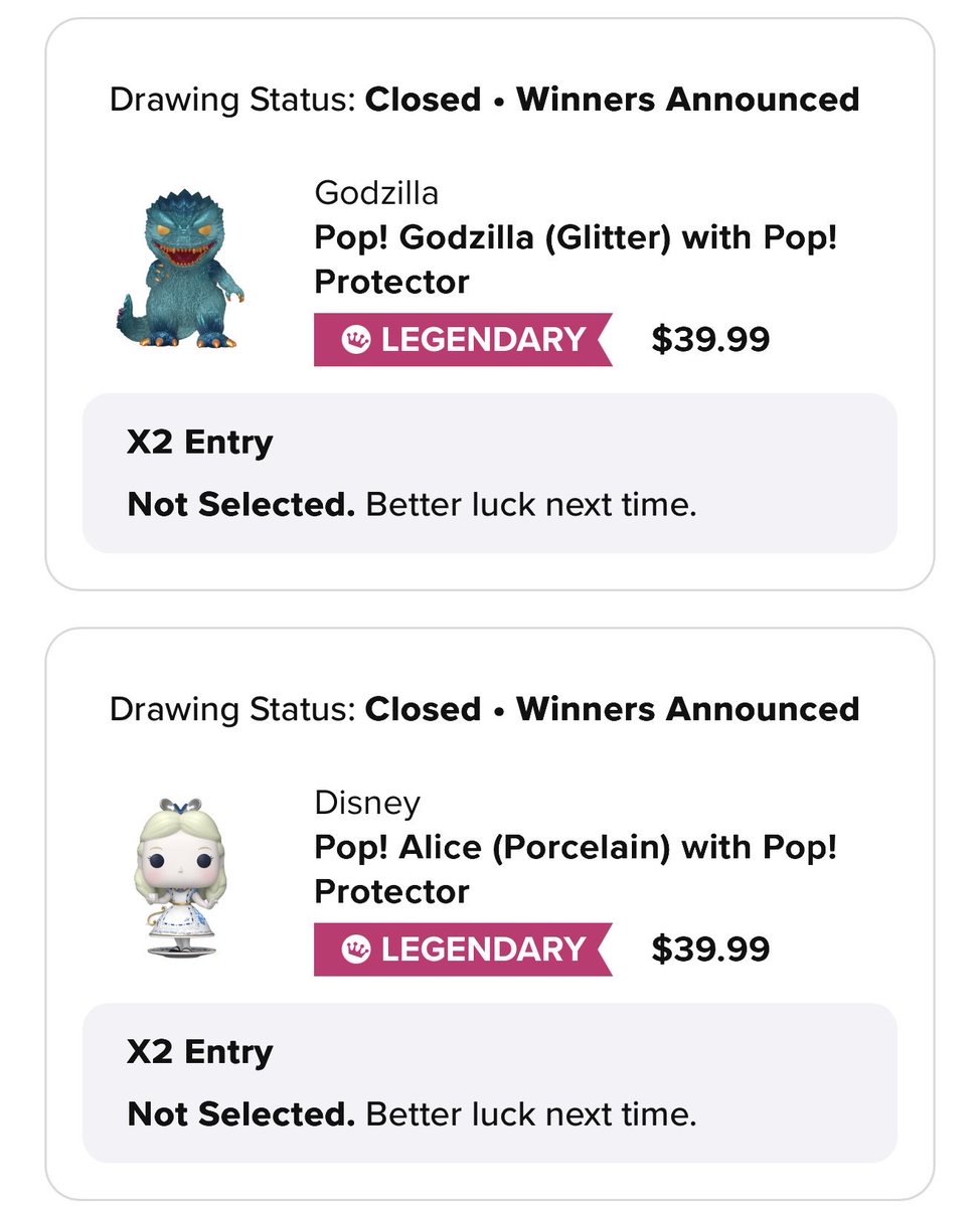 DisTrackers's tweet photo. I think I’m done entering and wasting my hard earned points on lower LE. 1600 points wasted. Could’ve saved it for a discount or a Proto. 😂 
They definitely should charge the 3000+ points and bring the direct buy option back.
.
#Funko #FunkoPop #Collectibles https://t.co/sjPVFR4XTT