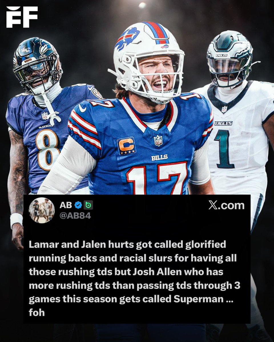 fballforeverhq's tweet photo. Antonio Brown questions why Josh Allen gets different treatment as a running QB than Lamar Jackson and Jalen Hurts did, and says Jackson and Hurts were subject to racism for their rushing success. https://t.co/ko9a4emisO