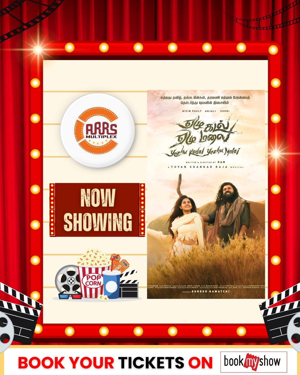 SalemArrs's tweet photo. Experience the magical world of #YezhuKadalYezhuMalai on the BIG SCREEN! ๐ฌ
โ๐ NOW SHOWING at ARRS Multiplex
๐ต A @thisisysr Musical | Directed by Ram
๐ญ Starring @NivinOfficial, @yoursanjali & @soori_official
โ๐๏ธ Book your tickets on @BookMyShow now! ๐
#ARRSMultiplex https://t.co/fcYWsGuM6s