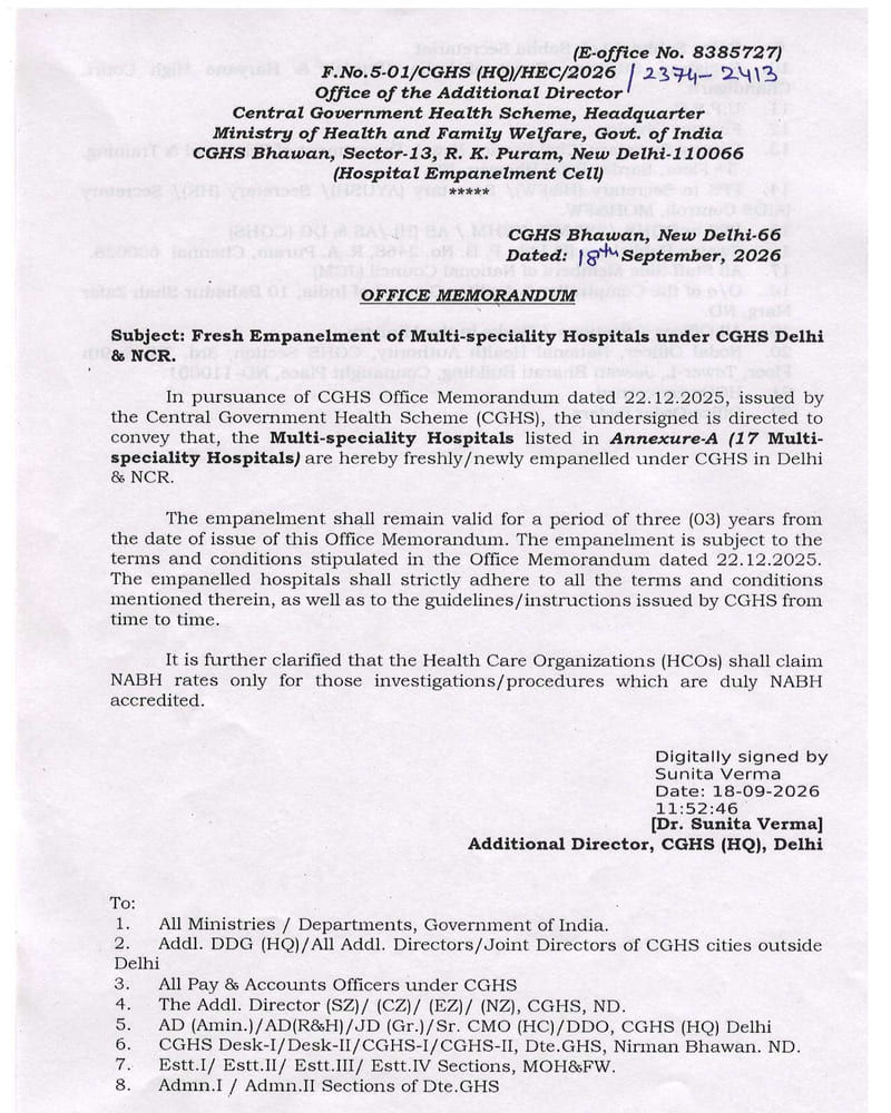 govtstaff's tweet photo. Fresh Empanelment of 17 Multi-speciality Hospitals under CGHS Delhi & NCR - CGHS OM dated 18.09.2026
https://t.co/nV9OyDaIx9
#CGHS #Empanelment #HCOs https://t.co/H7x8baNSZE