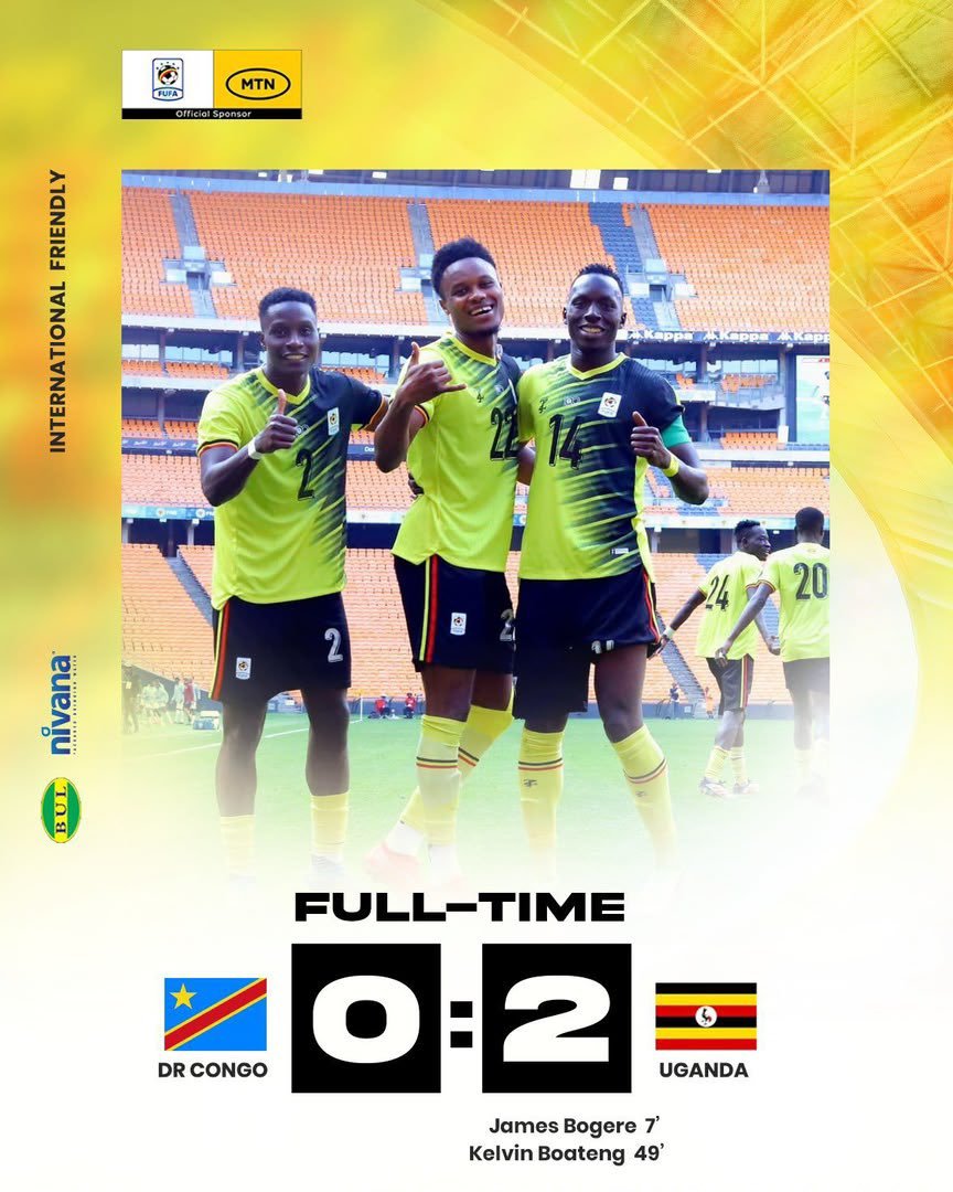 Megwa_Tv's tweet photo. What a performance from the Uganda Cranes! 💪🏾⚽ Two goals, a clean sheet and a big international friendly victory in Johannesburg.

⚽ James Bogere
⚽ Kelvin Boateng Owusu

The Cranes get the job done! 🇺🇬🦅

#UgandaCranes #UGADRC #Cranes #Uganda #MegwaTv #DeSportsDictionary https://t.co/PDhjgyYasW