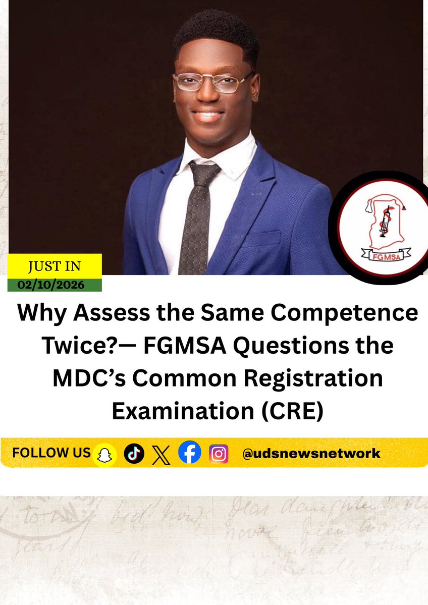 udsnewsnetwork's tweet photo. 📍JUST IN📍
The Federation of Ghana Medical Students Association, FGMSA has called for reconsideration of the Medical and Dental Council Common Registration Examination intended to standardize medical  practice. https://t.co/WoAYkh5jbY