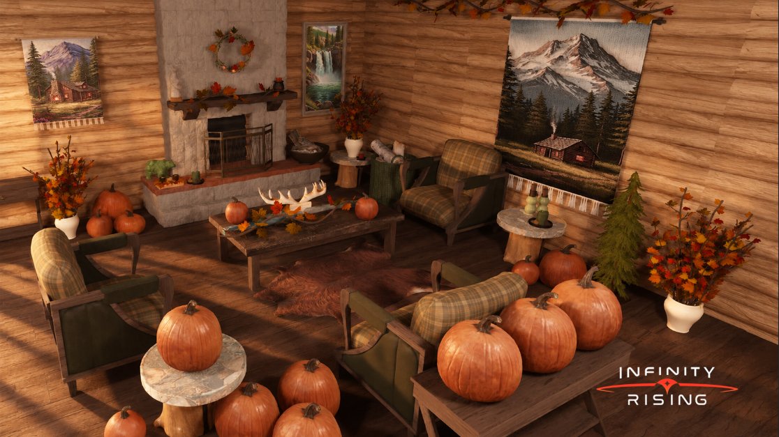 InfinityRisingX's tweet photo. Our October Building Competition is live. Build the ultimate Fall Harvest Apartment - cozy cabins, golden leaves, pumpkins. Use the Fall Harvest Building Kit and/or Modern Log Cabin Kit. Runs Oct 1-31. Enter: https://t.co/scy0VNXlx6 #infinityrising https://t.co/6ane0sI6yY