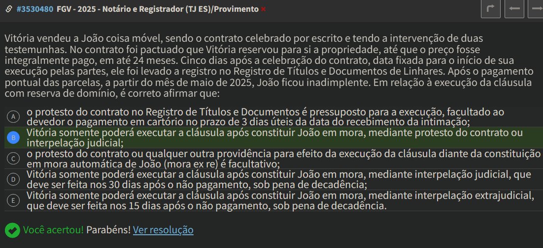 hackanconcurso's tweet photo. Na venda de coisa móvel, pode o vendedor reservar para si a propriedade, até que o preço esteja integralmente pago.

O vendedor somente poderá executar a cláusula de reserva de domínio após constituir o comprador em mora, mediante protesto do título ou interpelação judicial. https://t.co/EWJ2tUul9d