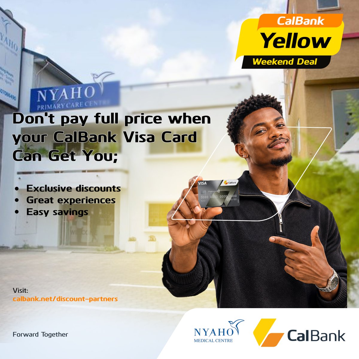 CalBankPLC's tweet photo. This weekend, check out Nyaho Medical Centre and make the most of your CalBank Visa Card.
Visit https://t.co/IA1b5qciLV to explore our discount partner list.
#LifeSimplified #CalBank #ForwardTogether https://t.co/p2PQPF97Il