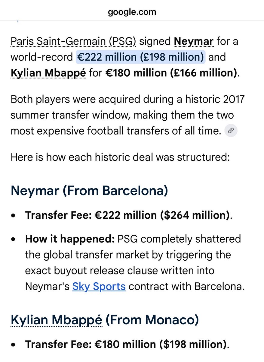 CFC_klvn's tweet photo. Let’s start with how PSG destroyed the transfer market in 2017. 

€222m for Neymar
€180m for Mbappe 
Total €402m on two players ✅

PSG didn’t just enter the market, they changed the whole damn market. They need to be investigated too…

Now an average player can have one good season and BOOM €150m gets slapped on his head.