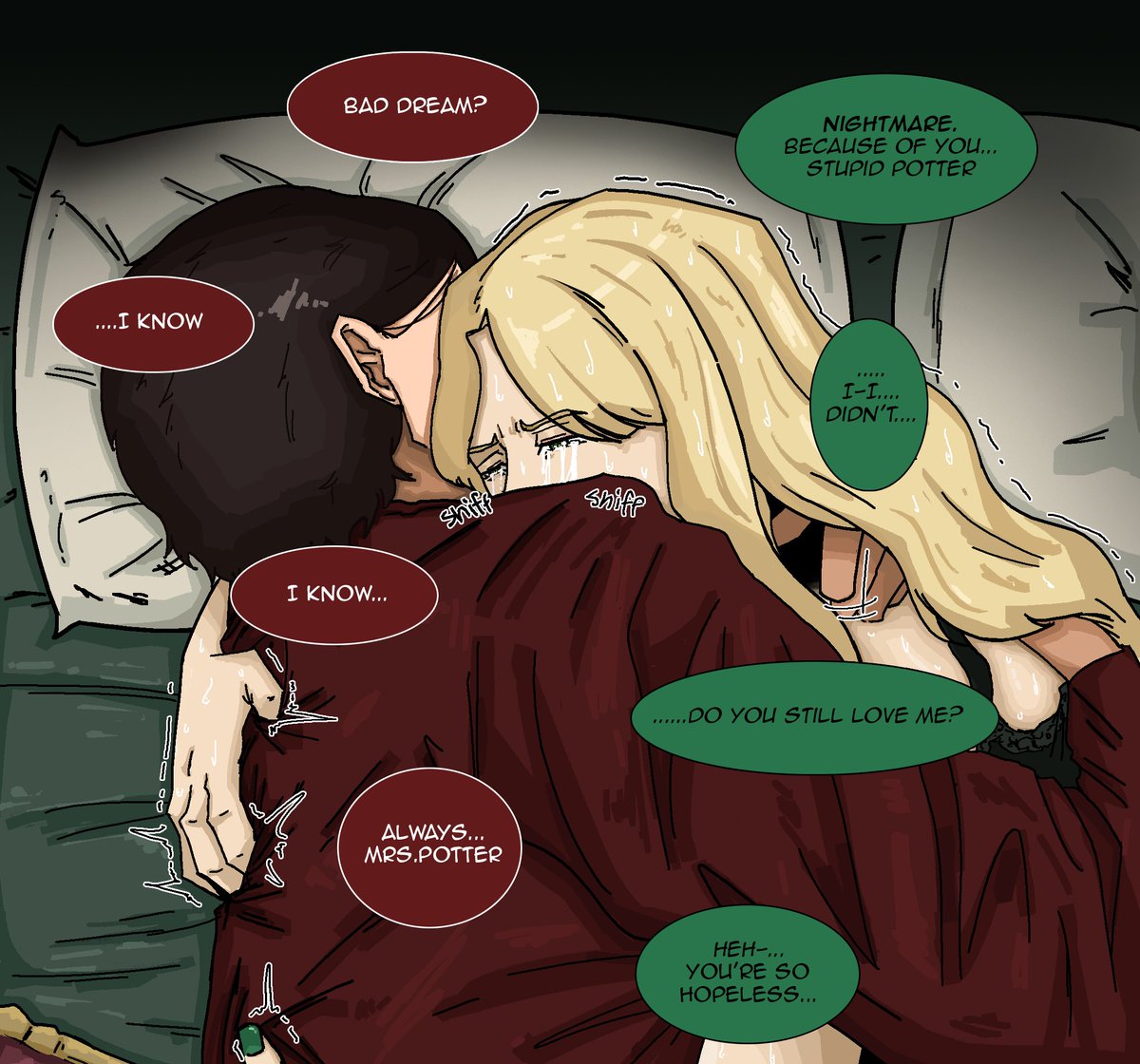 porxshot's tweet photo. I'm imagining the scenario after they're married,
and she has a bad dream about the past

In comfort, she cried

#DracoMalfoy #malfoid #malfoy https://t.co/AoDT2JsqFa